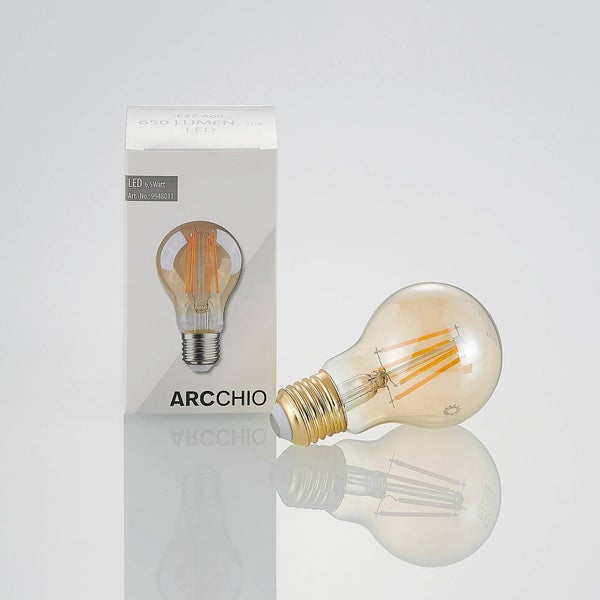 Arcchio LED-Filament-Leuchtmittel A60 mit E27-Sockel, 6,5 Watt und 650 Lumen inklusive Produktverpackung.
