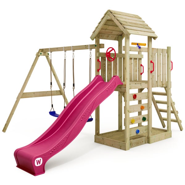 WICKEY Spielturm Klettergerüst MultiFlyer Holzdach mit Schaukel und Rutsche, Kletterturm mit Holzdach, Sandkasten, Leiter und Spiel-Zubehör - violett