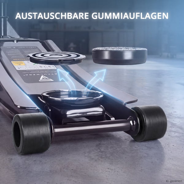 Rangierwagenheber mit austauschbaren Gummiauflagen zur schonenden Fahrzeugaufnahme.