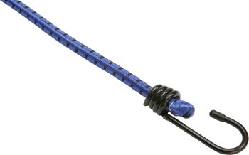Blauer elastischer Gepäckspanner mit schwarzem Metallhaken.