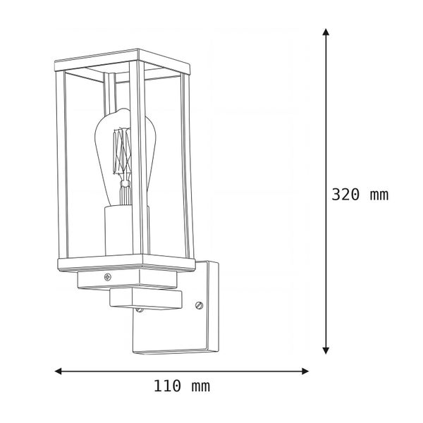 Maßzeichnung einer Außenwandleuchte in Laternenform mit Leuchtmittel, Höhe 320 Millimeter und Breite 110 Millimeter.