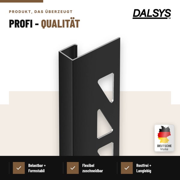 Dalsys Fliesenprofil aus Metall, rostfrei und stabil, zur Kantenabdeckung, mit Markenlogo und Kennzeichnung als deutsche Marke.