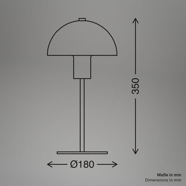 Technische Zeichnung einer Tischleuchte mit pilzförmigem Schirm. Die Höhe beträgt 350 Millimeter und der Durchmesser 180 Millimeter.