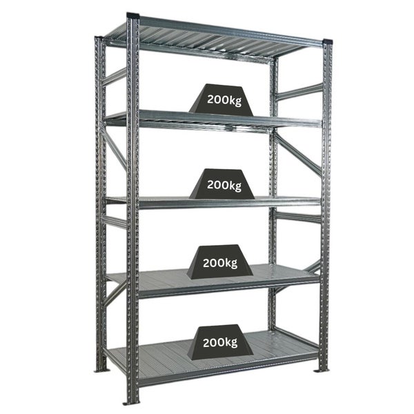 Metallregal mit vier Regalböden und einer Traglast von 200 Kilogramm pro Ebene