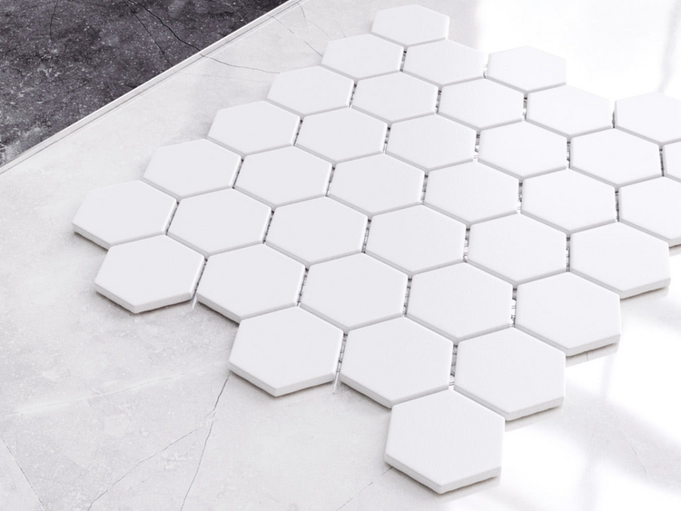 Keramikmosaik auf Netz für Bad oder Küche 32.3cm x 27.7cm  - White Hexagon