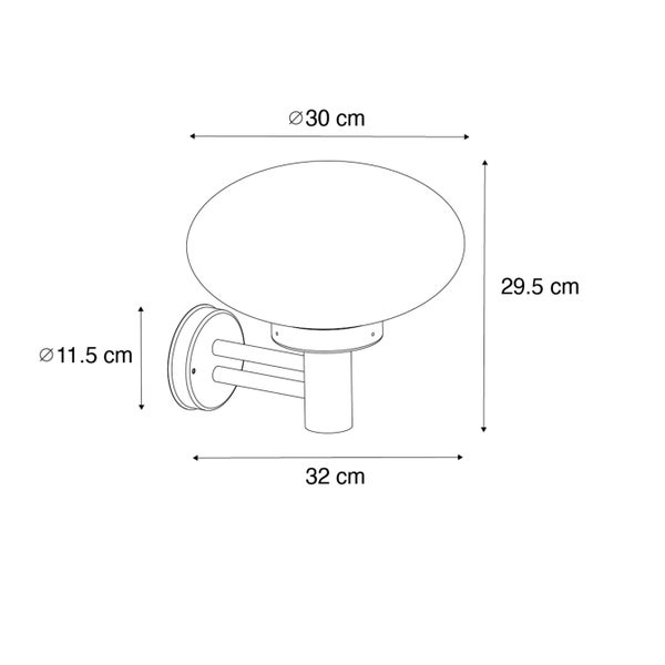 Skizze einer Wandleuchte mit Maßen: Durchmesser Schirm 30 Zentimeter, Höhe 29.5 Zentimeter, Tiefe 32 Zentimeter, Wandsockel 11.5 Zentimeter.