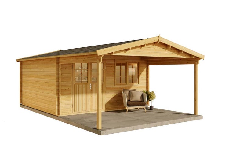 Gartenhaus aus Holz mit Satteldach, Doppeltür mit Lichtausschnitten, zwei Fenstern und großzügigem Vordach auf einer Bodenplatte.