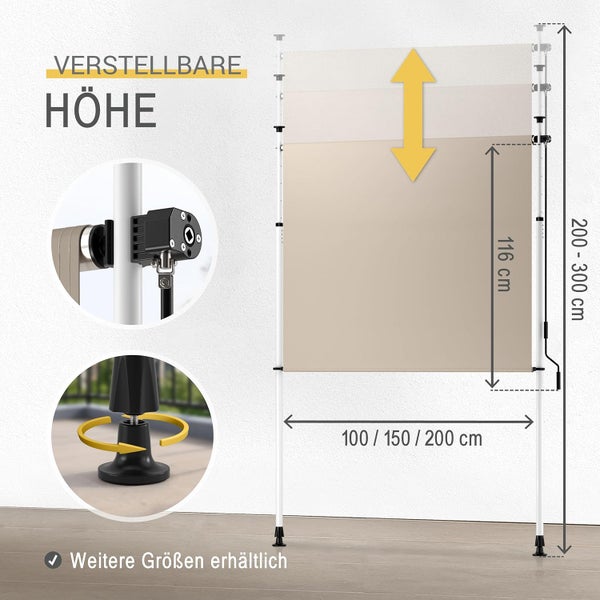 Klemmmarkise mit verstellbarer Höhe von 200 bis 300 Zentimeter, Breite 100 bis 200 Zentimeter, Stoffhöhe 116 Zentimeter, mit Kurbel und Standfüßen.