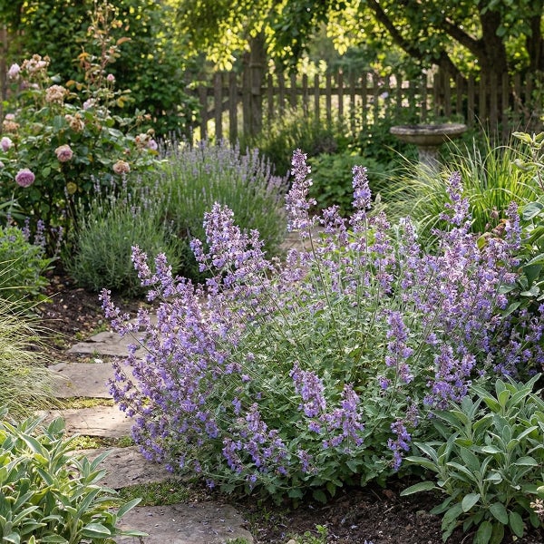 Blühende Katzenminze an einem Steinpfad im Garten mit Rosen, Lavendel und einem Holzzaun im Hintergrund.