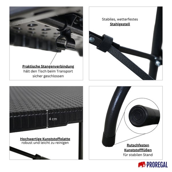 Details eines Gartentisches: Stangenverbindung, Stahlgestell, Kunststoffplatte und Kunststofffüße.