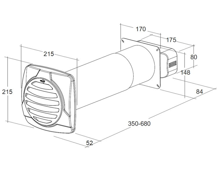 Technische Zeichnung eines Mauerkastens mit Abluftgitter und ausziehbarem Teleskoprohr inklusive Bemaßung in Millimeter.