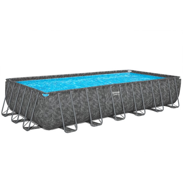 Rechteckiger Bestway APX365 Frame Pool in grauer Steinoptik, gefüllt mit Wasser.