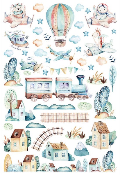 Wandsticker Set für Kinderzimmer mit Tiermotiven in Flugzeugen, Heißluftballon, Zug, Häusern und Bäumen im Aquarellstil.