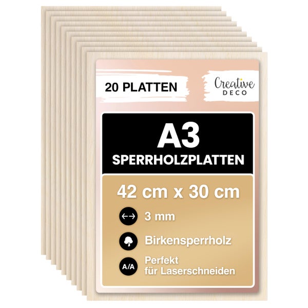 20 Birkensperrholzplatten, Format A3, 42 mal 30 Zentimeter, 3 Millimeter dick, Qualität A, ideal für Laserschneiden, Creative Deco Logo.