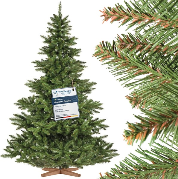 Künstlicher Weihnachtsbaum mit Prüfsiegel für geprüfte Qualität und Detailansicht der Nadeln mit Ständer