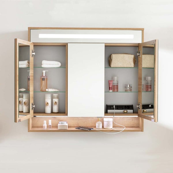 FACKELMANN NATURA Badmöbel Set 2 Teile / Waschbeckenunterschrank mit Schublade / LED Spiegelschrank mit Beleuchtung und 3D-Effekt / Soft-Close-System / Korpus & Front: Braun / Breite: 94 cm