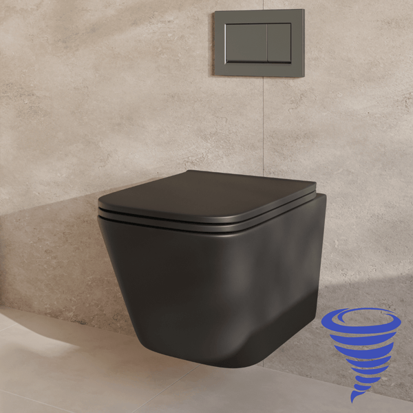 Wandhänge WC in modernem Design mit passender Betätigungsplatte vor einer Fliesenwand