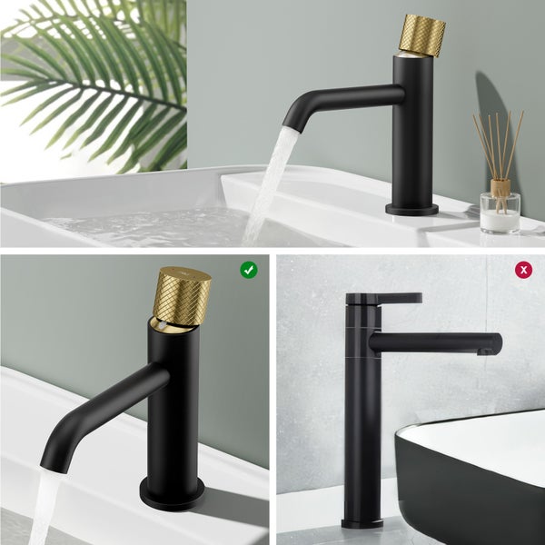 EMKE Badezimmerarmatur, Waschtischmischer, Haushaltswasserhahn, Waschtischarmatur für Aufsatzwaschbecken，Ø18mm, wassersparend, kalkabweisend, Mischbatterie für warmes und kaltes Wasser, Schwarz