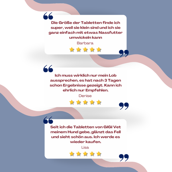 Drei positive Fünf-Sterne-Kundenbewertungen für GIGI VET Tabletten, welche die Wirksamkeit, Größe und verbesserte Fellgesundheit hervorheben.