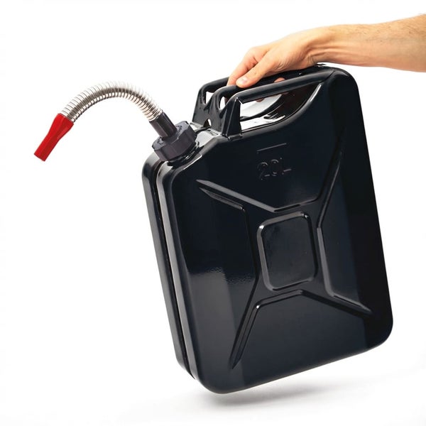 Schwarzer Kraftstoffkanister mit flexiblem Auslauf und Hand