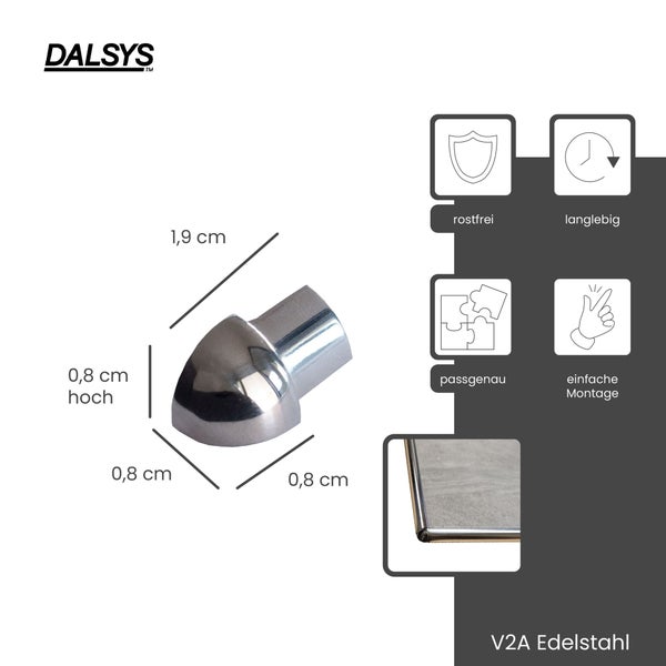 DALSYS Logo. Endkappe aus V2A Edelstahl. 0,8 Zentimeter hoch, 1,9 Zentimeter lang. Rostfrei, langlebig, passgenau, einfache Montage.