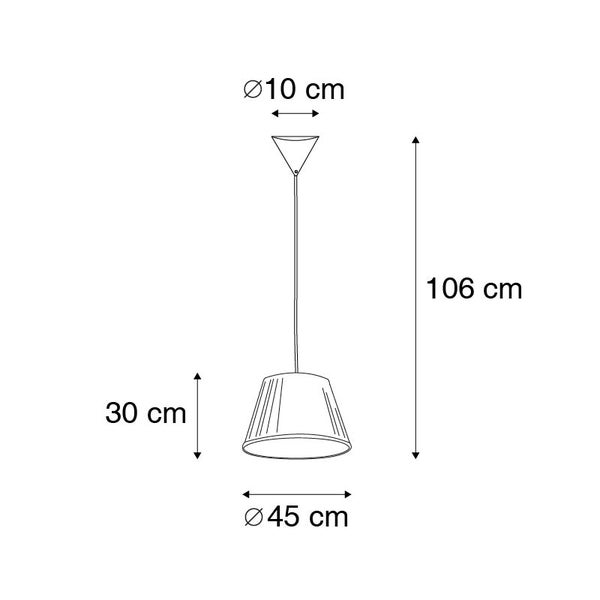 Technische Zeichnung Pendelleuchte: Gesamthöhe 106 Zentimeter, Schirmhöhe 30 Zentimeter, Durchmesser 45 Zentimeter, Baldachin 10 Zentimeter.