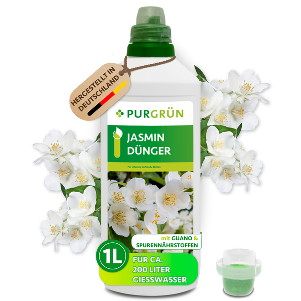 Purgrün Jasmin-Dünger, 1-Liter-Flasche für circa 200 Liter Gießwasser, mit Guano und Spurennährstoffen, Purgrün Logo, hergestellt in Deutschland.