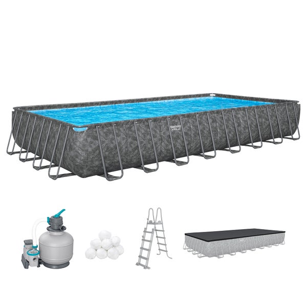 Komplettes Poolset mit rechteckigem Rahmenpool, Filterpumpe, Poolleiter, Poolabdeckung und ChemConnect Dosierschwimmer