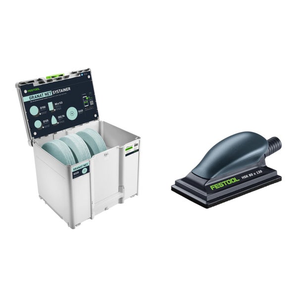 Festool Systainer mit Granat Netzschleifmitteln und Festool Handschleifblock HSK 80 mal 130