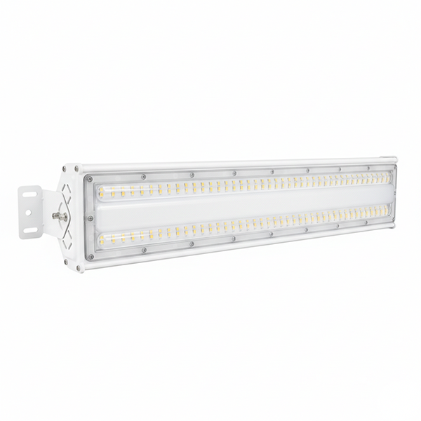 Weiße LED-Industrieleuchte in länglicher Form mit seitlicher Montagehalterung und sichtbaren LED-Chips hinter einer transparenten Abdeckung.