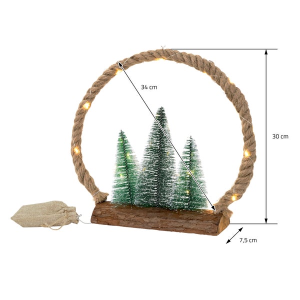 ECD Germany LED Jute Kreis mit LED-Beleuchtung 34x30x7,5 cm, Deko Weihnachtskreis aus Seil mit 30 warmweißen LEDs, 3 Tannen, Jutesäckchen, Batterien, Timer, Weihnachtsbeleuchtung Weihnachtsdeko Innen