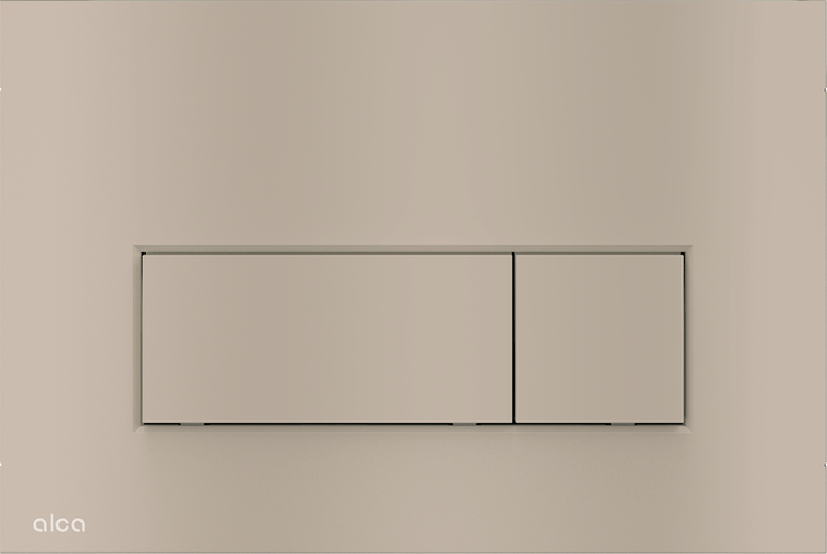 Alca Betätigungsplatte für die Toilettenspülung mit Zwei-Mengen-Spülung und zwei rechteckigen Tasten. Alca Logo.