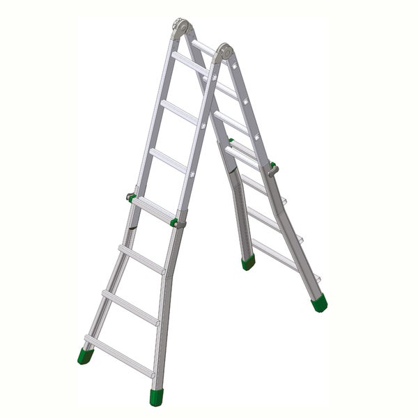 Mehrzweckleiter aus Aluminium in A Form aufgebaut mit Quertraverse und rutschfesten Standfüßen