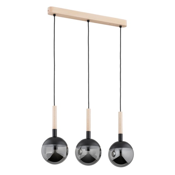 Dreiflammige Pendelleuchte mit Holz-Balken und drei runden Glaskugeln in moderner Optik für die Innenbeleuchtung