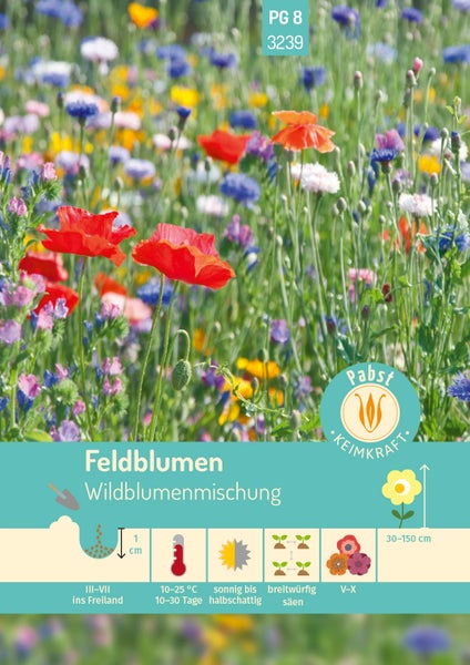 Wildblumenmischung Samen. Blühende Wiese. Aussaat März bis Juli, Tiefe 1 Zentimeter, sonnig bis halbschattig, Höhe 30 bis 150 Zentimeter. Pabst Logo.