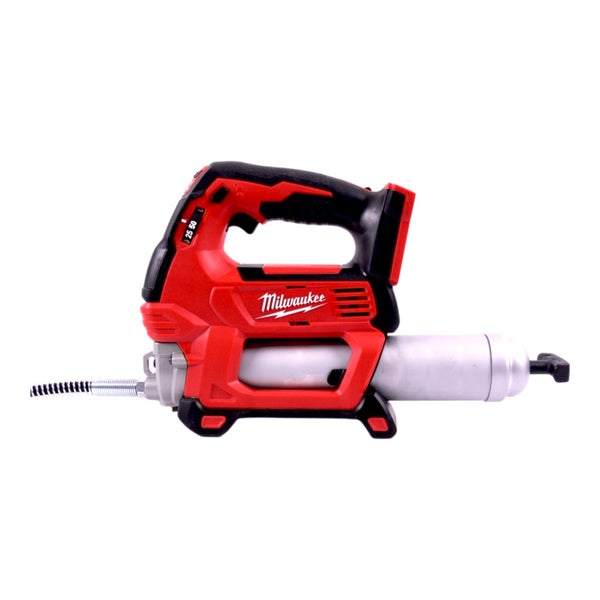Milwaukee Akku-Fettpresse in Rot und Schwarz mit ergonomischem Griff und Schlauchanschluss.