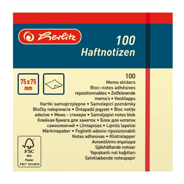 Herlitz Haftnotizblock 75x75mm 100 Blatt gelb