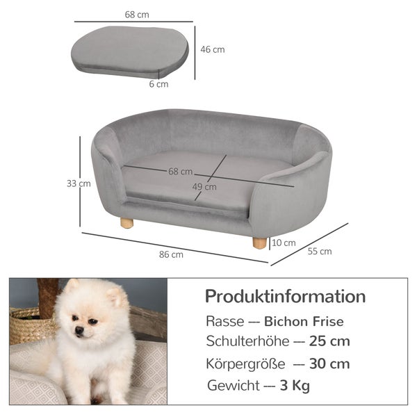 PawHut Haustier Sofa, 86L x 55B x 33H cm, Holländischer Samt, Schwamm, Birke Bein, Grau