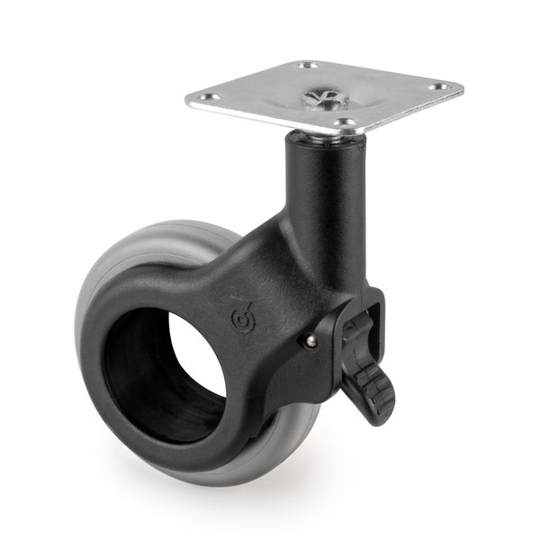 Design-Lenkrolle mit Feststeller und Anschraubplatte, aus Kunststoff und Metall, grau und schwarz.