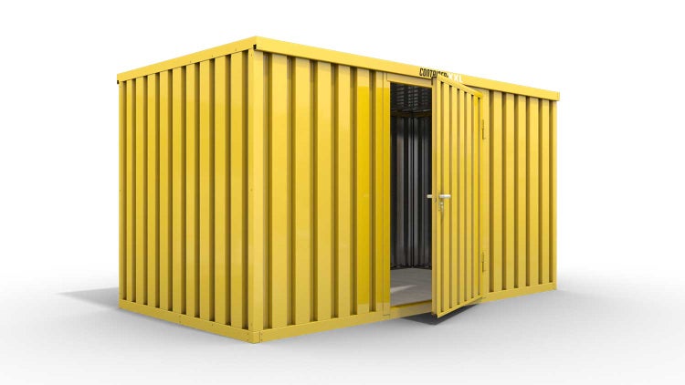 Lagercontainer Gerätehaus L  – 8 qm, H2150 x B4050 x T2170 mm, Außenwandlackierung RAL 1003 signalgelb, Dach außen verzinkt, mit Holzfußboden, 1270 mm Einflügeltür mittig in Breitseite, montiert