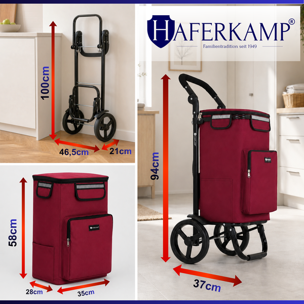 Haferkamp Einkaufstrolley mit Maßen: Gestell 100 x 46,5 x 21 cm, Tasche 58 x 35 x 28 cm, Wagen komplett 94 x 37 cm.