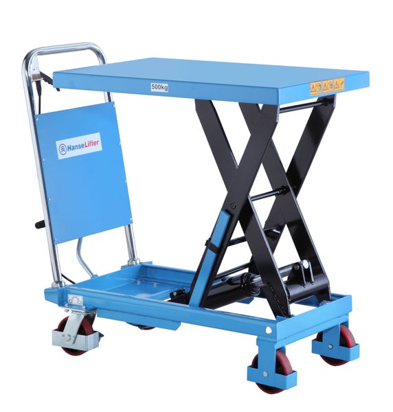 Scherenhubwagen mit einer Traglast von 500 Kilogramm und HanseLifter Logo