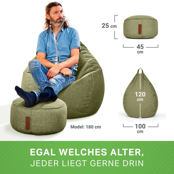 Green Bean 2er Set Indoor XXL Sitzsack + Hocker mit EPS-Perlen Füllung - Fußhocker Fußkissen Sitz-Pouf Bodenkissen Liegekissen Sitzkissen Lounge Chair Sitzhocker Relax-Sessel Bean Bag Grün