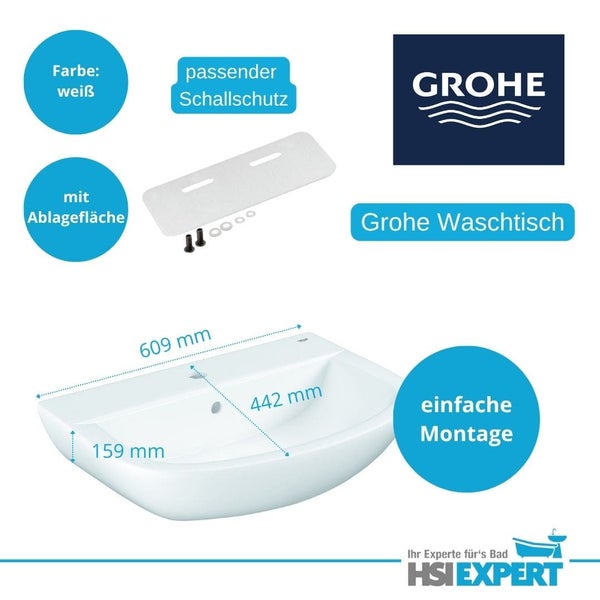 Grohe Waschtisch mit den Massen 609 mm Breite, 442 mm Tiefe und 159 mm Höhe, inklusive passendem Schallschutz und Ablagefläche