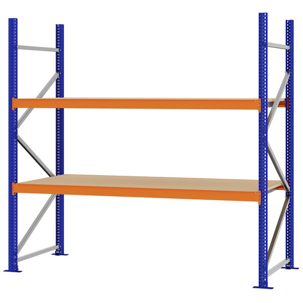Weitspannregal aus Metall mit zwei Holzböden, blauem Rahmen und orangefarbenen Traversen.