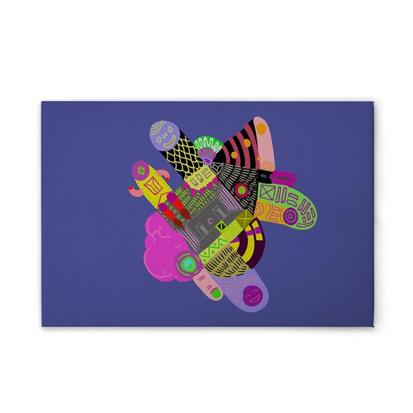 Abstraktes Leinwandbild mit verschiedenen geometrischen Formen und Mustern.