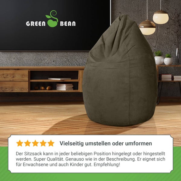 Green Bean Sitzsack mit Rückenlehne 60x60x90cm - Indoor Sitzkissen 220L Füllung Kuschelig Waschbar - Bean Bag Bodenkissen Lounge Chair Sitzhocker - Khaki
