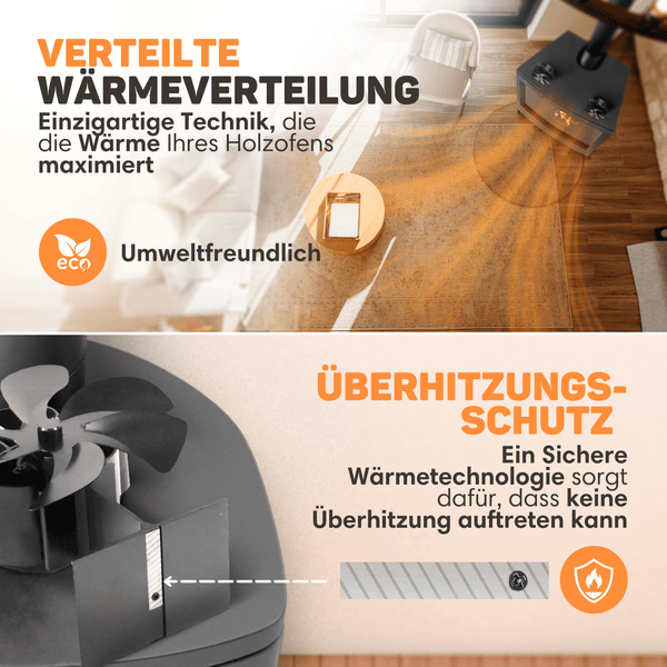 Vulpes Goods Kaminventilator - Leiser Kamin Ventilator -  Ofenventilator ohne strom mit Thermometer - 6 Blätter - Schwarz