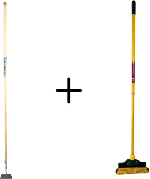 Bild einer Hacke und eines Besens als Gartengeräte-Set