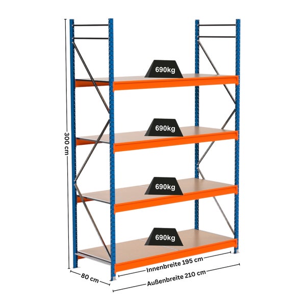 Lagerregal mit vier Böden, einer Höhe von 300 cm und einer maximalen Traglast von 690 kg pro Boden